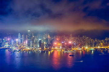 Image showing Aerial view of illuminated Hong Kong skyline. Hong Kong, China