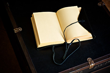Image showing blank open leather bound journal on old trunk