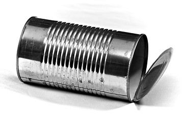 Image showing large empty tin can on white laying down