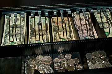 Image showing US dollars and coins in open cash drawer