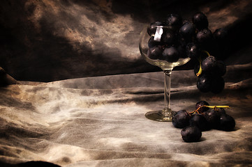 Image showing a bunch of black grapes filling wineglass  on gray studio backdr
