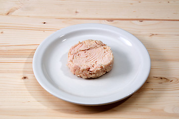 Image showing white plate on wood table with tuna