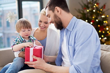 Image showing happy family with christmas gift at home