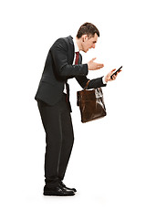 Image showing Full body portrait of businessman with briefcase on white