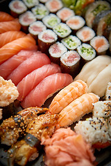 Image showing Close up of various types of japanese fresh prepared sushi.