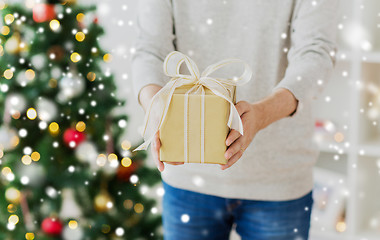 Image showing close up of man with christmas gift at home