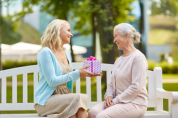 Image showing daughter giving present to senior mother at park