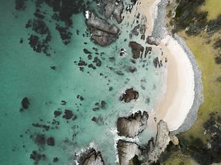 Image showing Aerial view of idyllic arc beach with pristine waters