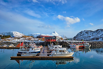 Image showing Fishing boats and yachts on pier in Norway