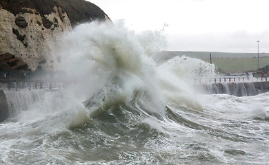 Image showing Waves Breaking over Newhaven Harbour Wall