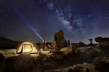 Image showing Light Panted Tent in Joshua Tree National Park With Person