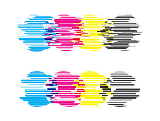 Image showing CMYK circles with glitch effects. Vector illustration on white