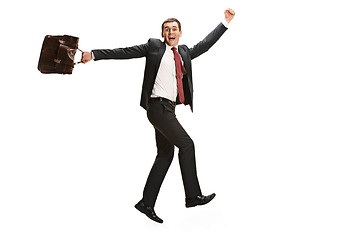 Image showing Funny cheerful businessman over white background