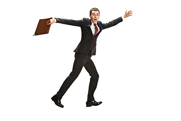 Image showing Funny cheerful businessman over white background