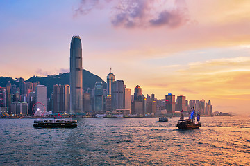 Image showing Junk boat in Hong Kong Victoria Harbour