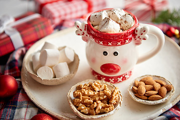 Image showing Delicious homemade christmas hot chocolate or cocoa with marshmellows