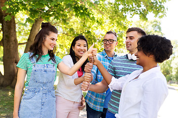 Image showing happy friends making thumbs up in park