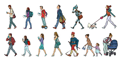 Image showing Set collection of pedestrians people walk. Women men robot dog. 