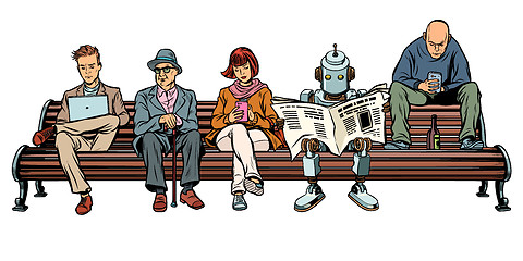 Image showing People and a robot sitting on a Park bench