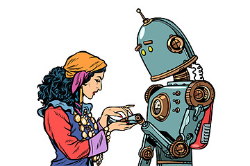 Image showing A Gypsy telling fortunes by the hand. The robot wants to know ab