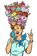 Image showing stewardess woman dreams of food and sweets