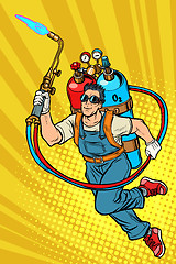 Image showing welder professional worker. superhero with gas cylinders