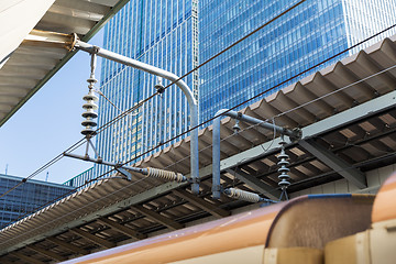 Image showing view to tokyo city skyscraper from railway