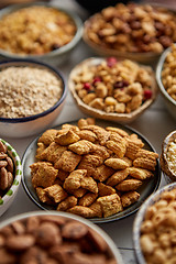 Image showing Close up and selective focus. Composition of different kinds cereals