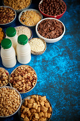 Image showing Assortment of different kinds cereals placed in ceramic bowls on table