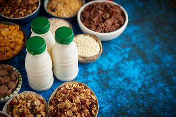 Image showing Assortment of different kinds cereals placed in ceramic bowls on table