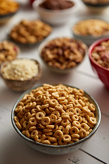 Image showing Close up and selective focus. Composition of different kinds cereals