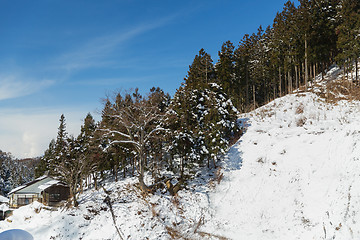 Image showing country houses and forest hills in winter, japan