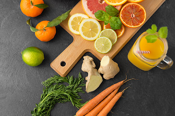 Image showing fruits, vegetables, cutting board and juice