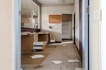 Image showing Vandalised office reception area of abandoned building