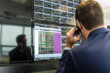 Image showing Stock trader looking at market data on computer screens.