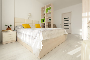 Image showing Bedroom interior with large double bed