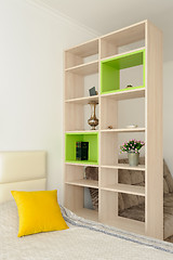 Image showing Bedroom interior with bookshelf