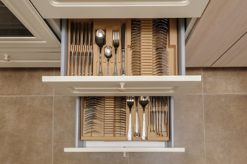 Image showing Opened kitchen drawer with silverware