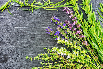 Image showing Frame of spicy herbs on wooden board