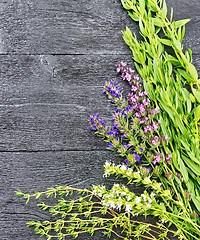 Image showing Frame of spicy herbs on black wooden table