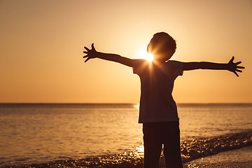 Image showing One happy little boy playing on the beach at the sunset time.