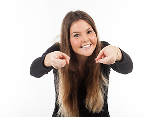 Image showing Beautiful young woman showing blank signboard