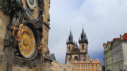 Image showing Tyn Cathedral and Old Town Hall Tower with Astronomical Clock in