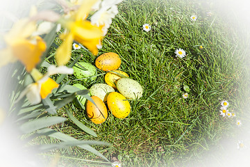 Image showing colored Easter eggs hidden in flowers and grass