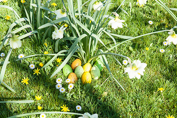 Image showing colored Easter eggs hidden in flowers and grass