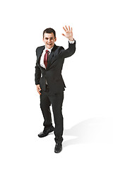 Image showing Choose me. Full body view of businessman on white studio background