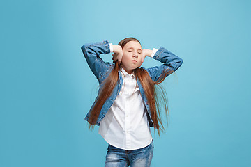 Image showing Beautiful woman in stress isolated on blue