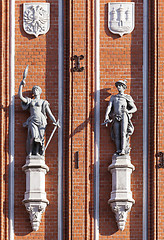 Image showing Sculptures on the front of the House of the Blackheads in Riga