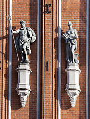 Image showing Sculptures on the front of the House of the Blackheads in Riga