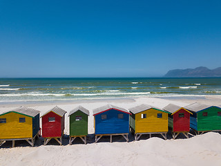 Image showing Colourful wooden beach huts at Muizenberg beach